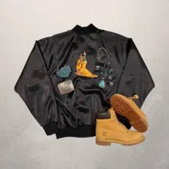 【USA製】90s Auburn ナイロンスタジャン インディアン刺繍 黒 XLのサムネイル