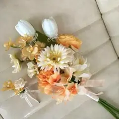 【お試しお値引き中】ウェディングブーケ リボンブーケ　ブートニアセット