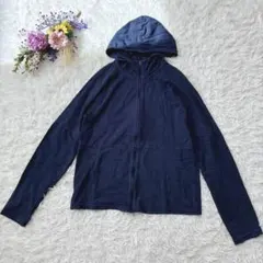 adidas　長袖パーカー　フード付き　ジップアップ　薄手　ロゴ　羽織り　紺　Ｓ