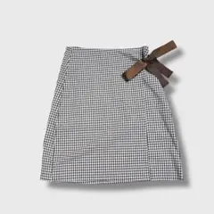 美品 GRL ギンガムチェック スカート 白 ／茶 巻きスカート風 リボン