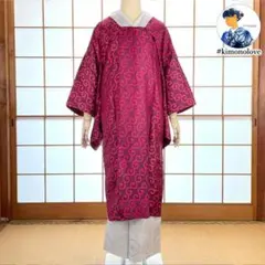 和装コート 道行 ロング丈 正絹 唐草模様 ピンク アンティーク着物A-1036