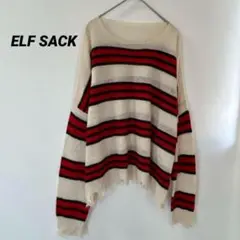 エルフサック　アイボリー×赤　ストライプ　長袖　ニット　大きめ　XL