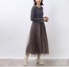 オペークドットクリップ　ニット×チュールドッキングワンピース Lサイズ