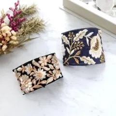 【A-5】インド刺繍 リボン ポニーフック ヘアカフ 2個セット