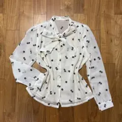 韓国風　ブラウス　花柄　水玉　シアー　リボン　シャツ