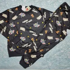 新品 メンズL トムとジェリー総柄 長袖パジャマ 上下セット 薄黒色