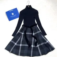 美品✨　ブルーレーベル　ニットワンピース　長袖　フレア　ウール　伸縮性　チェック