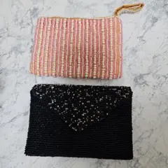 ハンドメイド　ビーズ　ポーチ　ピンク　ブラック