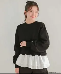 fitmore フィットモア 裾フリルジャガードドッキングスウェット　ブラックのサムネイル