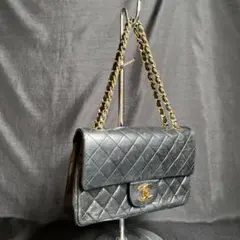 CHANEL ラムスキン　黒　ダブルチェーン　ビンテージ　レア　マトラッセ
