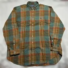 【90s/XL】ラルフローレン BLAKE コットンフランネルシャツ 緑茶