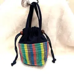 持ち手付き巾着袋　ネイビー×ストライプ　サイズ（約）15㎝×13.5㎝×6㎝