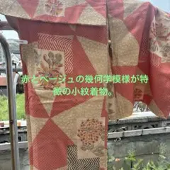 小紋着物 赤とベージュの幾何学模様