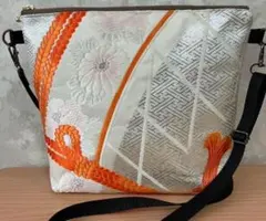 帯リメイク★オレンジと白の布製ショルダーバッグ