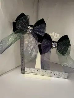 リボンヘアアクセ ヘアクリップ 量産型 地雷 ゴスロリ 紫 銀 深緑 グリーン