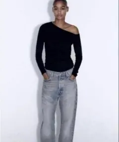 ZARA ザラ ギャザーT ワンショルダートップス ブラックカラー M