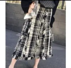 チェック柄フリンジスカート ミディアム丈