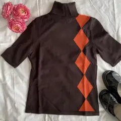 アンタイトル♡タートルネック　半袖ウールセーター　M　ダークブラウン　アーガイル