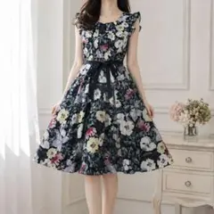 美品 ウィルセレクション 花柄ワンピース フレア リボン付 フリル ノースリーブのサムネイル