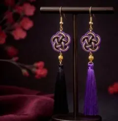 【色オーダー可】梅結びとタッセルのピアス（イヤリング）紫　和風　チャイナ　中華風