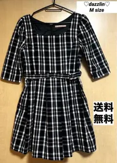 Dazzlin ウエストベルトワンピース 黒白チェック Aラインドレス