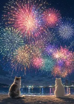 水彩画風】 海を見つめる三匹の猫たち ― 青空と白い街の夏景色