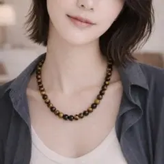 【新品未使用】天然色石 ネックレス ブラウン系 ビーズ タイガーアイ風