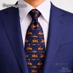 フェラガモ ネクタイ 馬柄 総柄 ネイビー シルク 美品 高級感