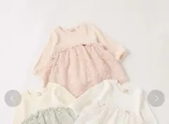 プティマイン　花刺しゅうチュールドッキング６分袖Tシャツ