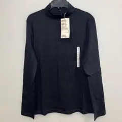 新品タグ付、無印、黒、起毛、フライス編み、ハイネック、長袖Ｔシャツ
