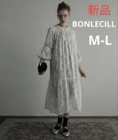 BONLECILL ラメシアーフラワージャガードボリュームギャザードレス M-L