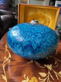 青色陶器花瓶 釉薬仕上げ 専用箱付き