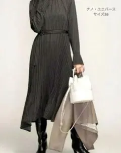 【美品】ナノユニバース イレヘムプリーツ 黒 長袖 ワンピース サイズ36