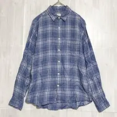 バックナンバー　リネン100 チェックシャツ　青 系　M