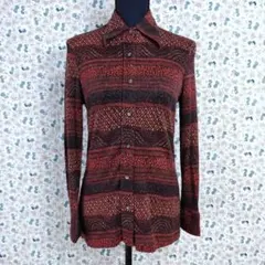 レトロシャツ☆ロングポイントカラー　サイケデリック　幾何学　ボーダー　総柄　赤黒