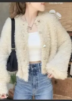 【mily bilet】ボリューム袖クロップドシャギーカーディガン