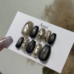 ネイルチップ＊ネイビーベージュブラック マグネット 紺黒 リボンハートenoi