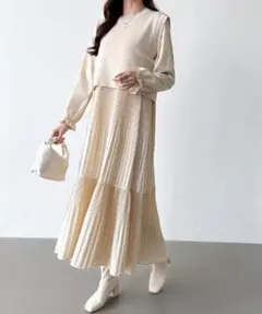 ティアード セットアップ 2way 長袖ロングプリーツワンピース ニットベスト