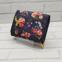 【美品】ケイタマルヤマ三つ折り財布 花柄 ネイビー ミニウォレットレディースのサムネイル