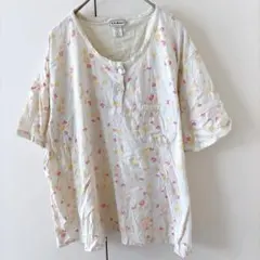 エルエルビーン 総柄 半袖 ヘンリーネック Tシャツ L 白 黄 赤 綿のサムネイル