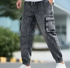 グレー デニムパンツ サイドポケット付き ジョガーパンツ カーゴパンツ