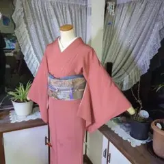黄みを帯びた美しい桃色の地に汕頭刺繍の花が浮き上がる正絹色無地のお着物です