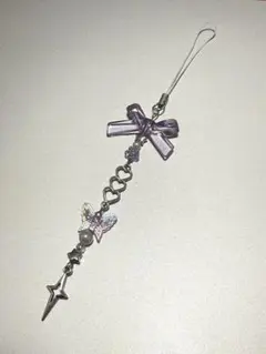 【05】ビーズストラップ リボン 紫色 韓国 ハンドメイド