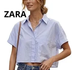 ZARA ストライプ クロップド　シャツ【 L】サイズ　半袖　ショート丈