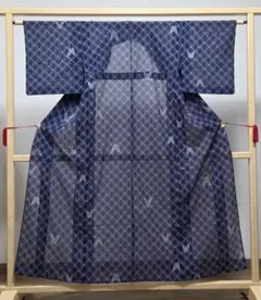 A5◇着物くつろぎ 夏物 蝶々模様 紺色 化繊 小紋 薄物 絽 紗 着物 73