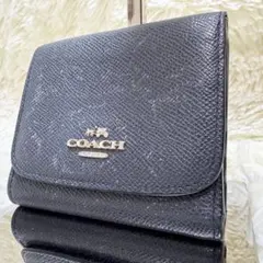 コーチ 三つ折り財布 ホースアンドキャリッジ ブラック ロゴプレート レザー