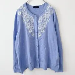 ランズエンド 刺繍 カーディガン クルーネック 長袖 花 ビッグサイズ 青 XLのサムネイル