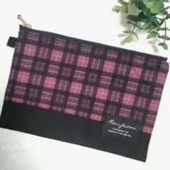 4837✿20cmフラットポーチ✿カードポケット付き✿タータンチェックパープル