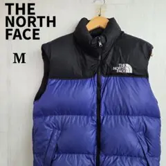 ザノースフェイス　ダウンベスト　M　ブルー　ブラック　刺繍ロゴ　700フィル