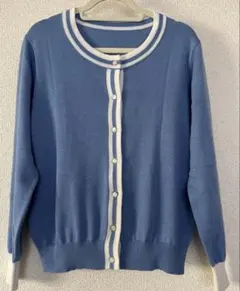 カーディガン パールボタン　水色系　ウール混